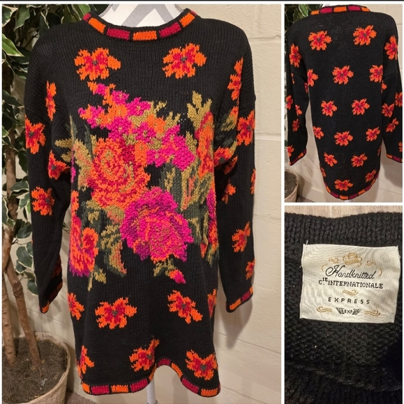 Vintage International Express Sweater, Tunic, Dress Oversized Knit  Roses Size S - Picture 1 of 11